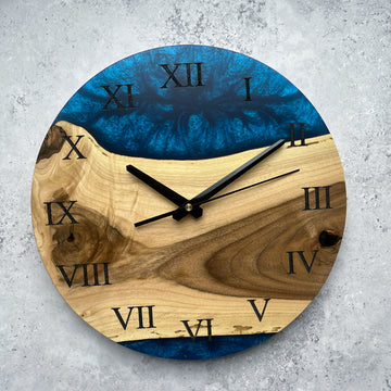 Wall clock handmade in wood and resin "Blue river" 30 cm, resin wall clock, handmade wall clock, epoxy resin clock, kitchen wall clock