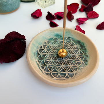 Ceramic Incense Holder Vintage Painting, Ceramics, Sage Holder, Incense Burner, Green with gold
