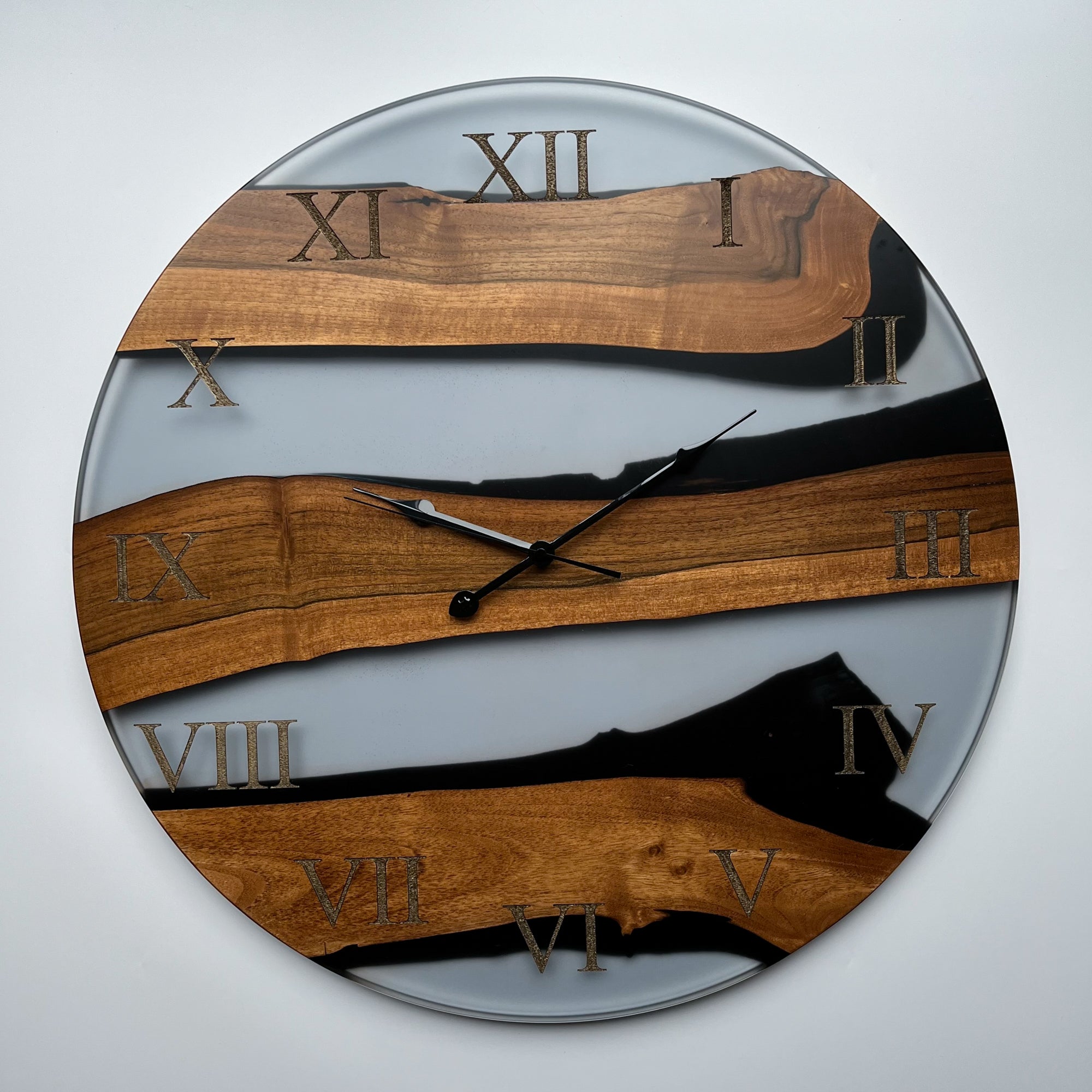 Wall clock handmade in wood and resin "Transparent river" 60 cm, epoxy resin wooden clock, epoxy resin clocks, handmade clock